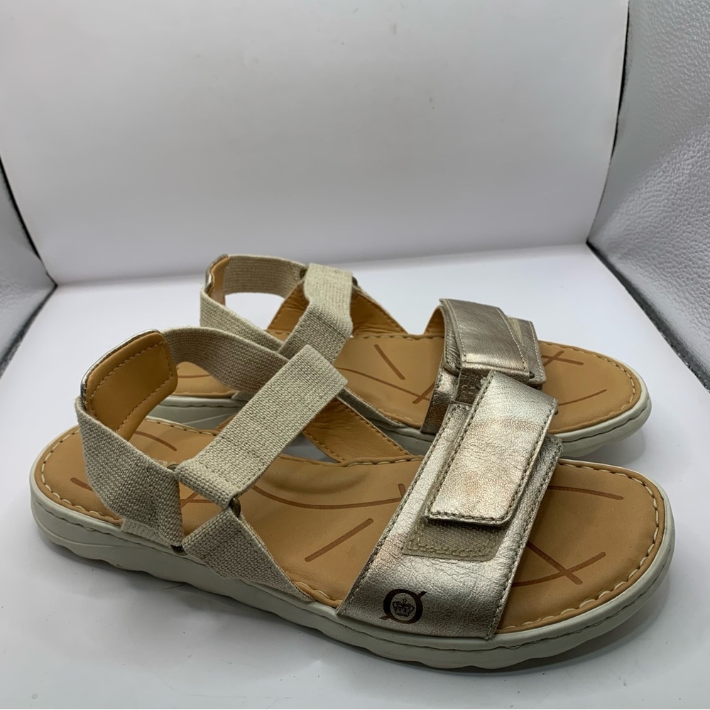 Born Metallic Gold and Natural Beige Elastic Strap Sandals